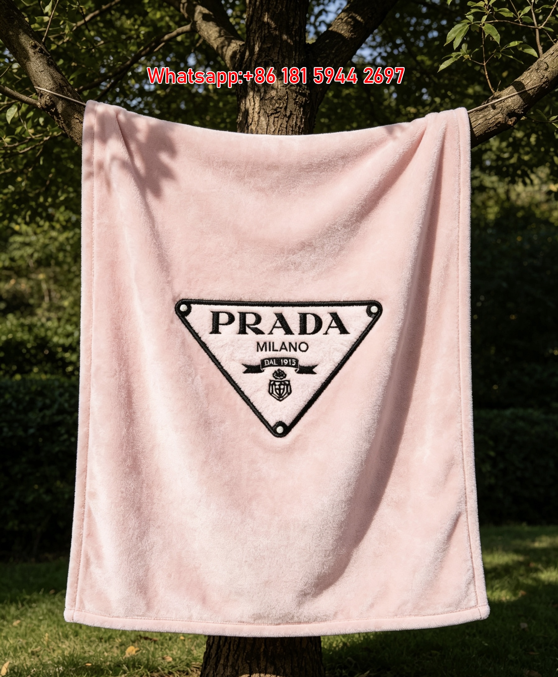 Prada Blush Pink Fuzzy Embroidery Print Flannel Throw Blanket IMG_2779